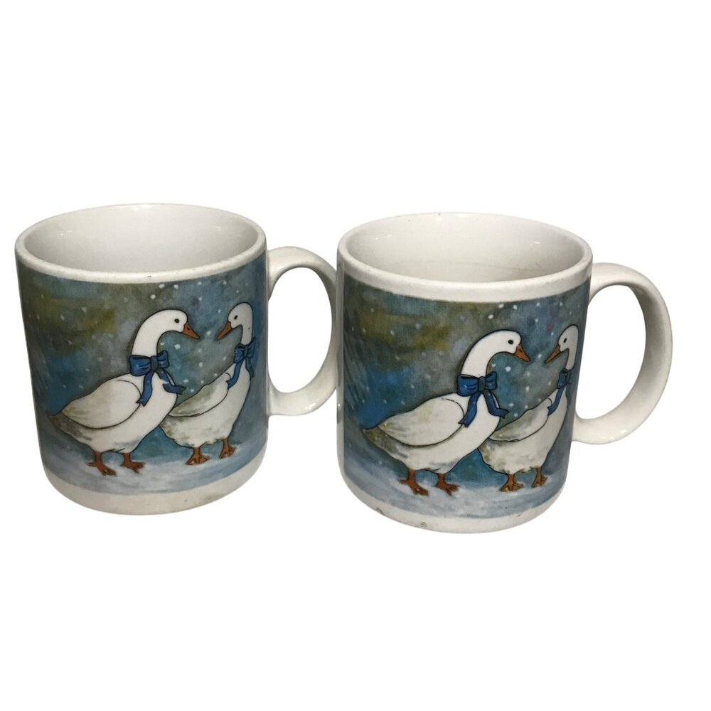 JSNY Goose Mugs  Blue Ceramic Coffee Mugs 3.5" X 3.25" Set Of 2 Cups